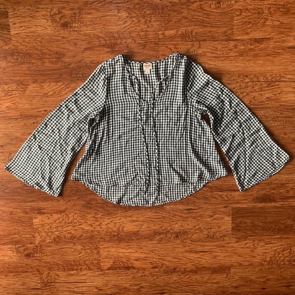 Mossimo Supply Co Black White Gingham Tie Front V Neck Blouse US Womens Size M